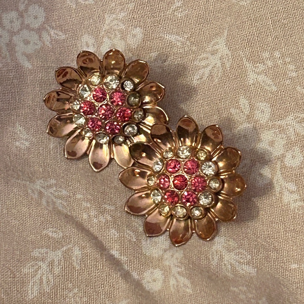 Vintage COROCRAFT Pegasus STERLING Flower Earrings PINK White Rhinestones Coro